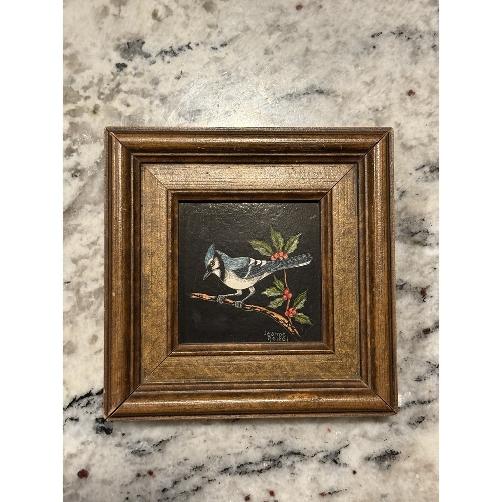 Vtg Jeanne Reifel Blue Jay Bird Flowers Scratchboard Small Art Painting Folk Art